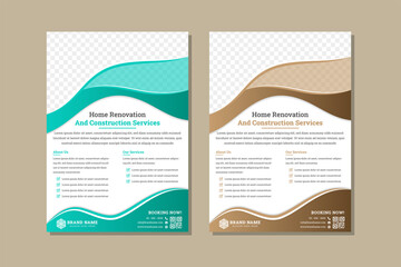 set of vertical layout flyer design template of home renovation and constructions services use white background. green and brown gradient element. liquid style with space for photo collage. 