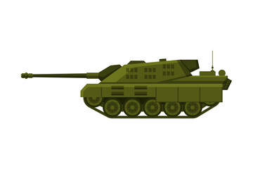 Green Military Tank, Heavy Special Machinery, Armored Fighting Vehicle, War Transport Flat Vector Illustration