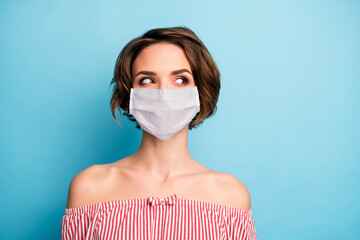 Close-up portrait of her she nice attractive brown-haired girl wearing gauze safety mask looking...