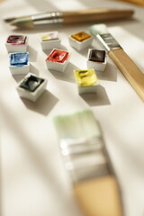 Plastic cells with watercolor paint and brushes for painting on white paper.