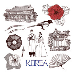 Korean cultural symbols. Vector set hand drawn outlines with pen and ink. Traditional clothes and cuisine, nature and landmarks, lettering. Isolated elements on white background. Travel concept.    