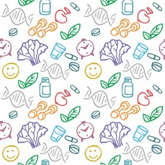 Bio hacking. Pattern in green tones. Healthy lifestyle progect seamless pattern in line style. Background for site, wrapping paper, wallpaper. Cartoon vector illustration.