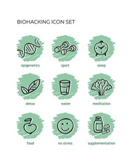 Biohacking, icon set,hand-drawn black line on turquoise background, organic food, healthy detox, meditation, pills, nature, sport, sleep. Vector stock illustration 