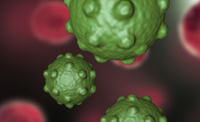 Illustration of virus cells or bacteria molecule under microscope. Abstract 3d illustration corona virus cells.Pathogen respiratory influenza. Flying Covid virus cells