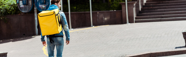 Panoramic crop of delivery man with thermo backpack walking on urban street