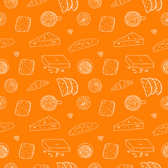 Danish breakfast seamless pattern, vector illustration, coffee, rolls, croissant, bread, butter, cheese, jam, berries, hand drawing, orange and white color