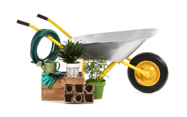 Set of gardening supplies on white background