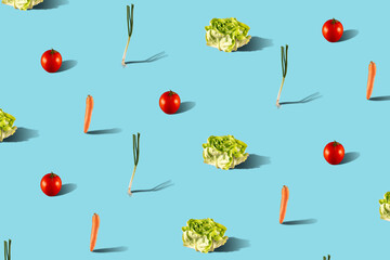 Trendy vegetables isometric pattern on bright blue background. Creative and modern minimal food concept.