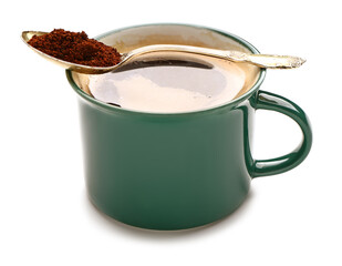 Cup of coffee and spoon with powder on white background