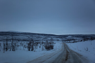 Winter road in Nuorgam, Lapland, Finland