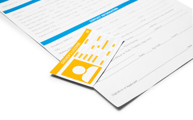 Driving license with application form on white background