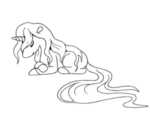 Cute cartoon sleeping unicorn. Isolated object on white background. White and black vector illustrations for coloring book.