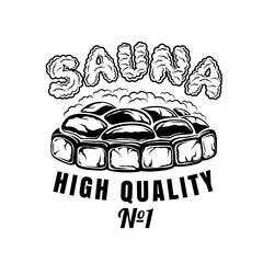 Label for sauna, banya or bathhouse. Fireplace with hot stones. Word sauna created from steam