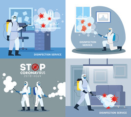 Men with protective suit spraying office rooms with covid 19 virus design, Disinfects clean and antibacterial theme Vector illustration