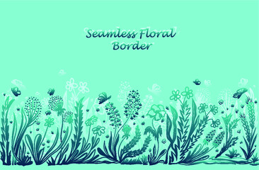 Fototapeta premium Background with seamless border in floral style in blue for banner or card or for decoration different things