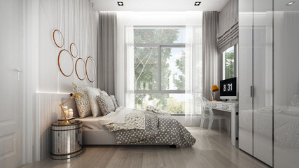 Modern luxury bedroom interior design and garden view