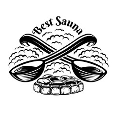 Label for sauna or bathhouse. Two crossed wooden ladle for sauna with fireplace and steam around