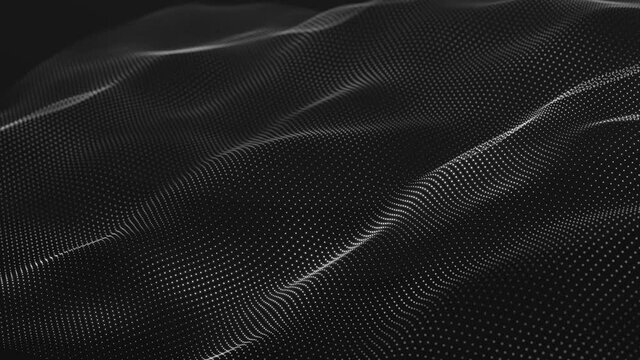 Dynamic wave of glowing particles. Digital technology background. 3d rendering. Seamless loop.