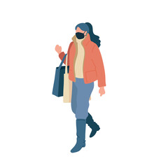 Walking young woman in surgical mask with shopping packages of season casual clothes winter, spring and autumn street style. Vector flat adult character cartoon isolated illustration.