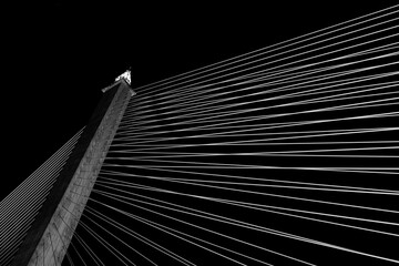 Fototapeta na wymiar Black and white shot of the cable bridge in the night