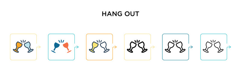 Hang out vector icon in 6 different modern styles. Black, two colored hang out icons designed in filled, outline, line and stroke style. Vector illustration can be used for web, mobile, ui