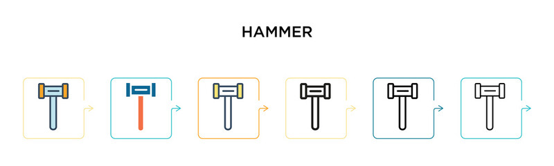 Hammer vector icon in 6 different modern styles. Black, two colored hammer icons designed in filled, outline, line and stroke style. Vector illustration can be used for web, mobile, ui