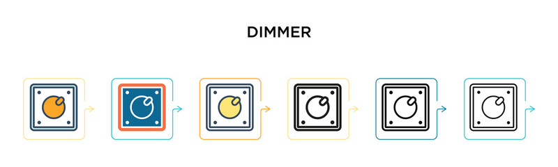 Dimmer vector icon in 6 different modern styles. Black, two colored dimmer icons designed in filled, outline, line and stroke style. Vector illustration can be used for web, mobile, ui