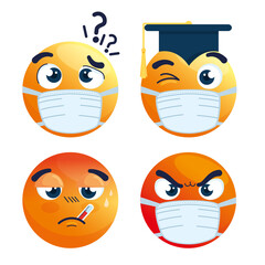 set of emoji wearing medical mask, yellow faces with a white surgical mask, icons for covid 19 coronavirus outbreak vector illustration design