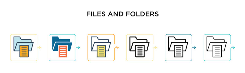 Files and folders vector icon in 6 different modern styles. Black, two colored files and folders icons designed in filled, outline, line and stroke style. Vector illustration can be used for web,