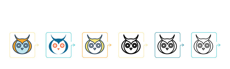 Owl vector icon in 6 different modern styles. Black, two colored owl icons designed in filled, outline, line and stroke style. Vector illustration can be used for web, mobile, ui