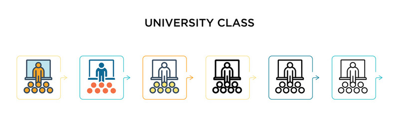University class vector icon in 6 different modern styles. Black, two colored university class icons designed in filled, outline, line and stroke style. Vector illustration can be used for web,