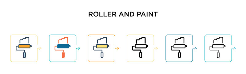 Roller and paint vector icon in 6 different modern styles. Black, two colored roller and paint icons designed in filled, outline, line and stroke style. Vector illustration can be used for web,