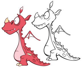 Vector Illustration of a Cute Cartoon Character Dragon for you Design and Computer Game. Coloring Book Outline Set 