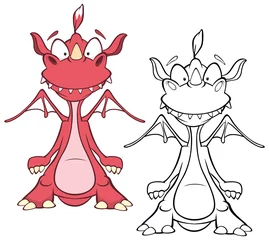 Gordijnen Vector Illustration of a Cute Cartoon Character Dragon for you Design and Computer Game. Coloring Book Outline Set  © liusa