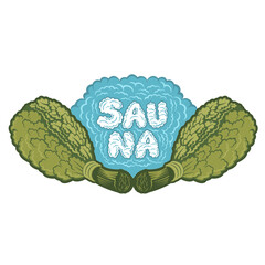 Label for sauna, banya or bathhouse. Word sauna inside steam between two oak besoms. Color vector illustration