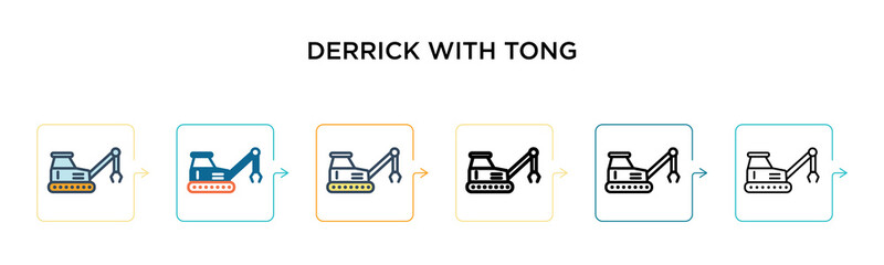 Derrick with tong vector icon in 6 different modern styles. Black, two colored derrick with tong icons designed in filled, outline, line and stroke style. Vector illustration can be used for web,