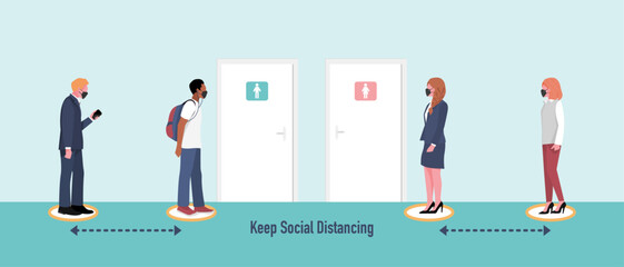 People wearing face mask and queueing to use public toilet, new normal and social distancing concept. Flat vector illustration.