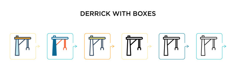 Derrick with boxes vector icon in 6 different modern styles. Black, two colored derrick with boxes icons designed in filled, outline, line and stroke style. Vector illustration can be used for web,