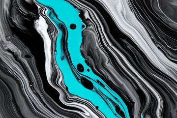 Fluid art texture. Abstract backdrop with iridescent paint effect. Liquid acrylic picture that flows and splashes. Mixed paints for interior poster. Black, white and aquamarine overflowing colors