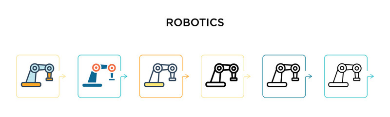 Robotics vector icon in 6 different modern styles. Black, two colored robotics icons designed in filled, outline, line and stroke style. Vector illustration can be used for web, mobile, ui