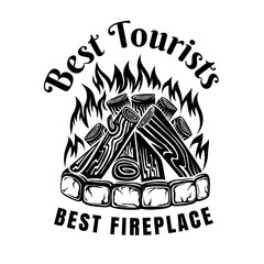 Label for tourist, BBQ or cooking. Fireplace with fire