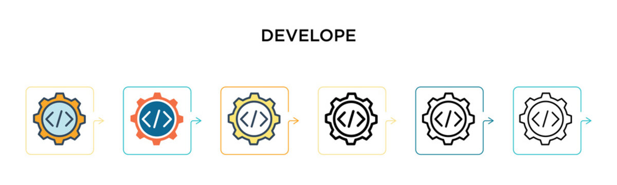 Develope vector icon in 6 different modern styles. Black, two colored develope icons designed in filled, outline, line and stroke style. Vector illustration can be used for web, mobile, ui