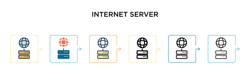 Internet server vector icon in 6 different modern styles. Black, two colored internet server icons designed in filled, outline, line and stroke style. Vector illustration can be used for web, mobile,