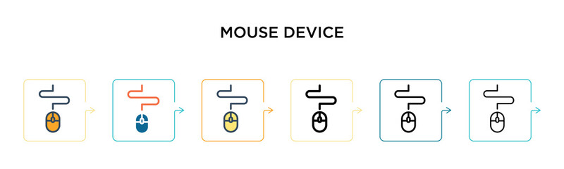 Mouse device vector icon in 6 different modern styles. Black, two colored mouse device icons designed in filled, outline, line and stroke style. Vector illustration can be used for web, mobile, ui