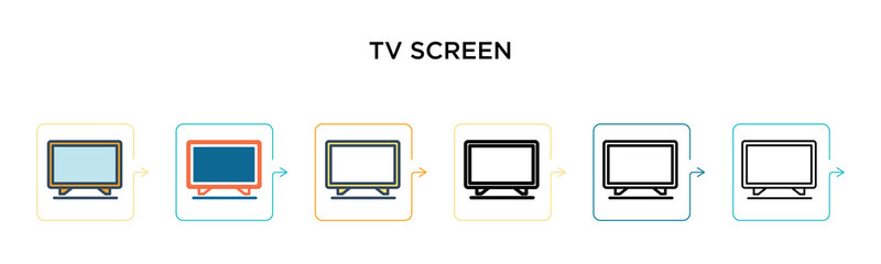 Tv screen vector icon in 6 different modern styles. Black, two colored tv screen icons designed in filled, outline, line and stroke style. Vector illustration can be used for web, mobile, ui