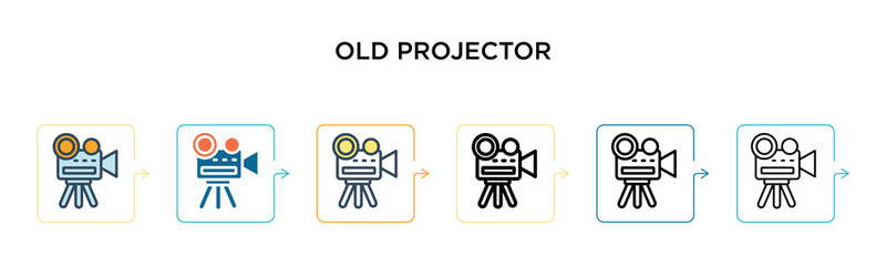 Old projector vector icon in 6 different modern styles. Black, two colored old projector icons designed in filled, outline, line and stroke style. Vector illustration can be used for web, mobile, ui