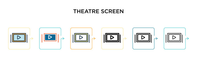 Theatre screen vector icon in 6 different modern styles. Black, two colored theatre screen icons designed in filled, outline, line and stroke style. Vector illustration can be used for web, mobile, ui