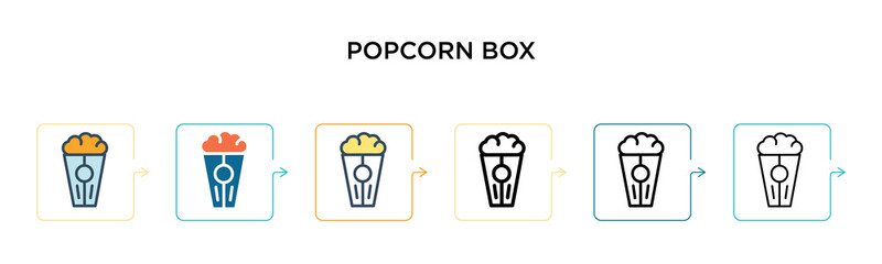 Popcorn box vector icon in 6 different modern styles. Black, two colored popcorn box icons designed in filled, outline, line and stroke style. Vector illustration can be used for web, mobile, ui