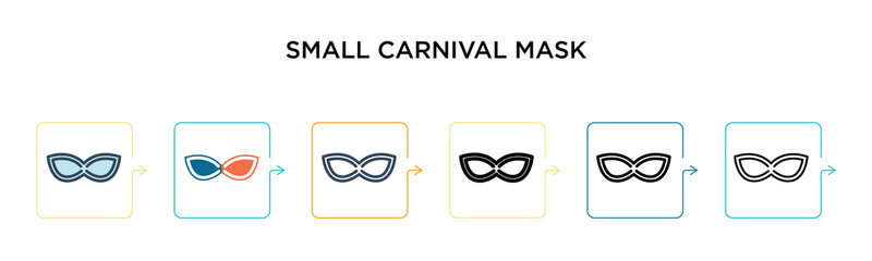 Small carnival mask vector icon in 6 different modern styles. Black, two colored small carnival mask icons designed in filled, outline, line and stroke style. Vector illustration can be used for web,