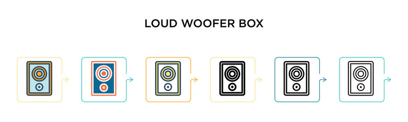 Loud woofer box vector icon in 6 different modern styles. Black, two colored loud woofer box icons designed in filled, outline, line and stroke style. Vector illustration can be used for web, mobile,